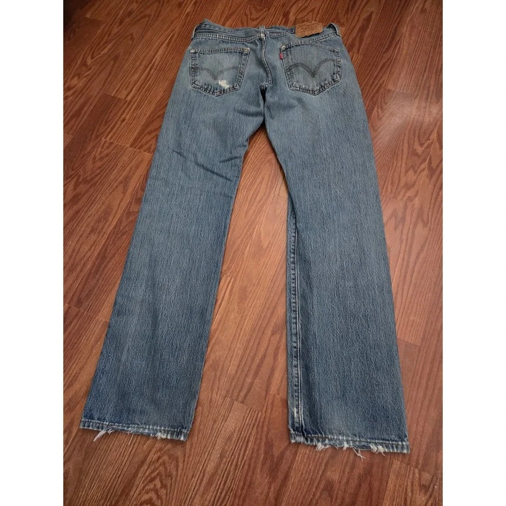 Levis 501 Mens Original Fit‎ Straight Leg Button Fly Distressed Blue Jeans 31x34